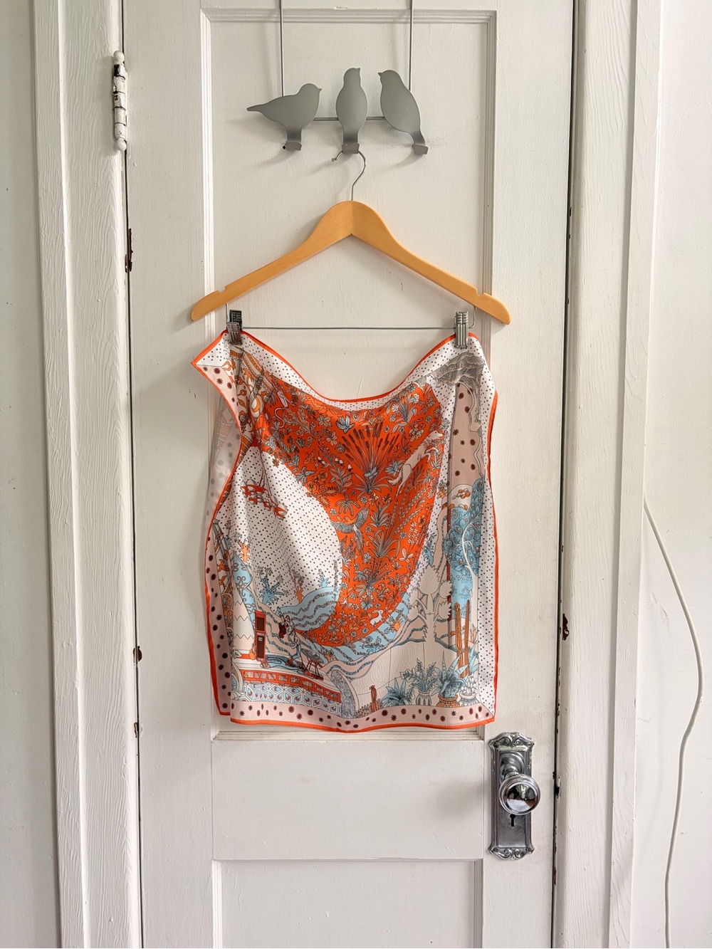 Silk-like Printed Scarf with Ethereal Motif in Orange, Light Blue & Cream